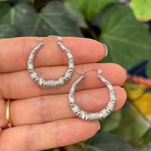 Solid 925 Sterling Silver Bamboo Shrimp HOOP Earrings 25 Mm