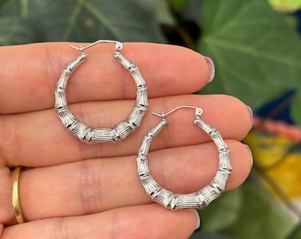 ＊Sterling Silver Bamboo Pierced Earrings Amazon.com: 925 Sterling Silver Bamboo Hoop Earrings (75mm x