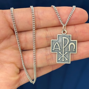 Sterling Silver Alpha Omega Chi Rho Cross Pendant Necklace