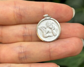 Pendentif en argent sterling avec breloque et médaille ronde Raphael Angel 20 mm