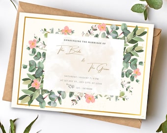Minimalist Floral Elegant Wedding Invitation Template: Canva Editable (Digital Download)