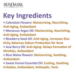 May include: A white background with black text listing key ingredients and their benefits. The ingredients include Calendula Flowers, Moroccan Argan Oil, Blueberry Seed Oil, Acai Berry Oil, Blue Malva flowers, and Sweet Fennel Essential Oil.