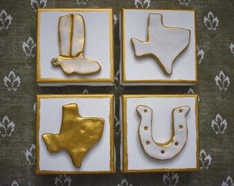 Handmade Textured Canvas Clays | Gold Wall Art | Western | Texas | Home Decor