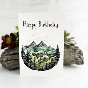 Carte de joyeux anniversaire à imprimer, carte de joyeux anniversaire montagne, carte d'anniversaire simple, carte d'anniversaire nature, anniversaire aventure