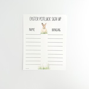 May include: Printable Easter potluck sign up sheet with a cute bunny illustration. The sheet has two columns labelled "Name" and "Bringing".