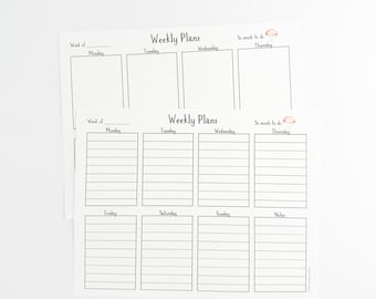 May include: Two printable weekly planner pages with lined boxes for each day of the week, Monday through Sunday. The top page includes boxes for Monday through Thursday, and the bottom page includes boxes for Friday through Sunday, and a notes section.