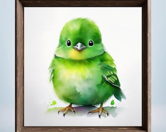 Green Baby Bird Watercolor Print | Nursery Decor (Digital Download)