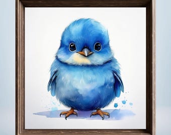 Blue Baby Bird Watercolor Print | Nursery Kids Room Decor (Digital Download)