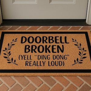 Grappige deurbellen gebroken deurmat, mosterd welkomstmat, tapijt met muziekthema, eigenzinnig decor voor ingang, buitendeurmat housewarmingcadeau