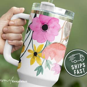 Floral Travel Mug: 40oz Watercolor Flower Tumbler with Handle & Straw