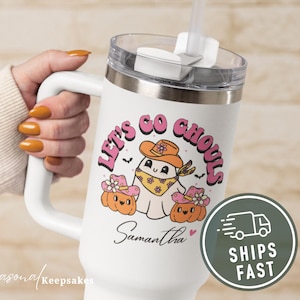 Let&#39;s Go Ghouls Tumbler, Cute Halloween Ghost Cup, Funny Girly Halloween Mug, Personalized Halloween Tumbler With Name