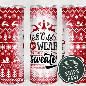 Christmas Sweater Tumbler: Red Glitter Holiday Travel Mug with Straw