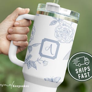 Personalized Blue Floral Tumbler: 40oz Travel Mug with Straw