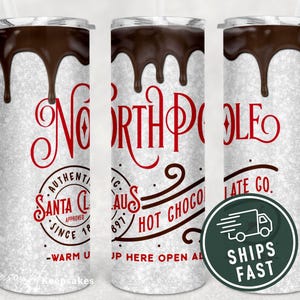 North Pole Christmas Tumbler: Vintage Santa, Hot Chocolate Travel Mug