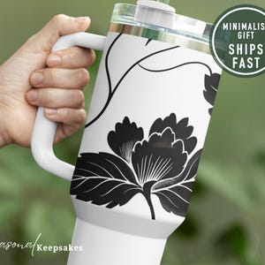 Black and White Floral 40oz Tumbler, Aesthetic Travel Mug with Handle, Elegant Flower Cup, Minimalist Gift for Her, Custom Floral Tumblers