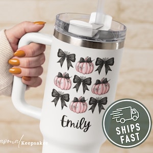 Girly Halloween Cup, Pink Pumpkin Bow Tumbler, Spiderweb Fall Coffee Mug, Personalized Halloween Tumbler For Her