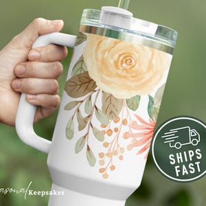 Floral Watercolor 40oz Tumbler with Handle & Straw: Custom Travel Mug