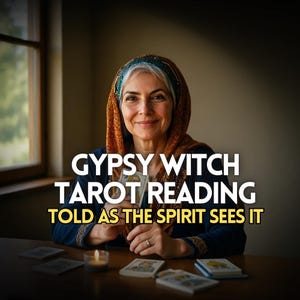 May include: An image featuring a woman with a headscarf holding tarot cards. The text on the image reads "GYPSY WITCH TAROT READING TOLD AS THE SPIRIT SEES IT". A lit candle and several tarot cards are on the table.