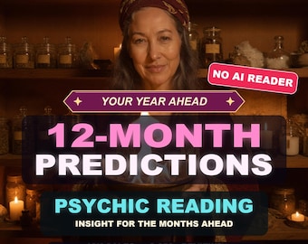 May include: A person wearing a dark head covering stands before shelves of glass jars. Text overlays read: YOUR YEAR AHEAD, 12-MONTH PREDICTIONS, PSYCHIC READING, INSIGHT FOR THE MONTHS AHEAD, NO AI READER, 12K SALES, 3,650+ REVIEWS, and ZorasVisions.