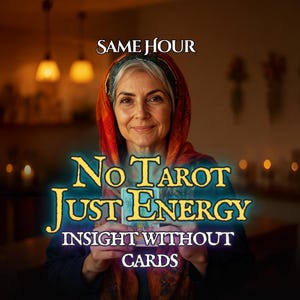 May include: An older woman with gray hair and a red headscarf holds a tarot card. The image has text that reads "SAME HOUR", "No Tarot Just Energy", and "Insight Without Cards". The background is blurred with warm lighting.