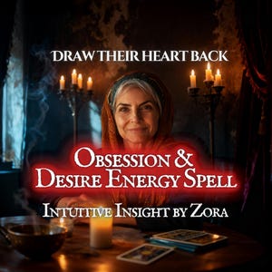 May include: An image featuring a woman with a headscarf, candles, and the text "DRAW THEIR HEART BACK." The words "Obsession & Desire Energy Spell" are prominently displayed, with "Intuitive Insight by Zora" below.