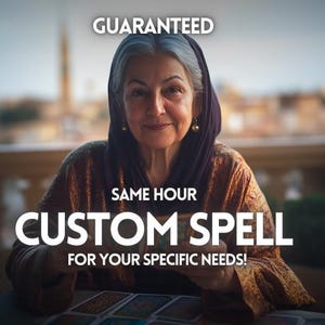 May include: A woman wearing a black headscarf and a gold patterned shirt holds a deck of tarot cards. The text on the image reads "Guaranteed Same Hour Custom Spell For Your Specific Needs!"