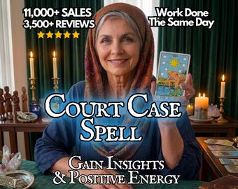 Może przedstawiać: Kobieta trzyma kartę tarota z motywem gwiazdy. Tekst na zdjęciu brzmi "Court Case Spell" i "Gain Insights & Positive Energy". Tło zawiera świece i inne karty tarota.