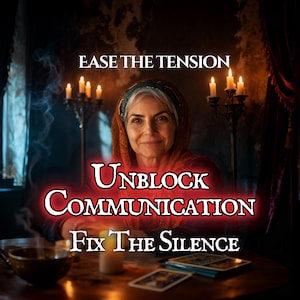 May include: A woman in a headscarf is the focal point of this image, with text that reads "Ease the Tension, Unblock Communication, Fix the Silence." The scene is lit by candles, creating a mystical and spiritual ambiance.