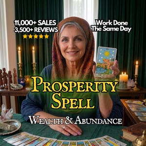 Op de afbeelding: Afbeelding die een welvaartsspreuk promoot, met een vrouw die een tarotkaart vasthoudt. Tekst bevat "11.000+ VERKOCHT", "3.500+ BEOORDELINGEN", "Werk Klaar Dezelfde Dag", "PROSPERITY SPELL" en "WEALTH & ABUNDANCE". De vrouw lacht, met kaarsen en tarotkaarten.
