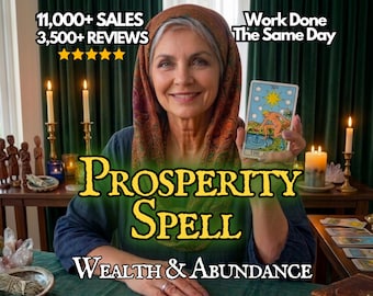 May include: An image promoting a prosperity spell, featuring a woman holding a tarot card. Text includes "11,000+ SALES", "3,500+ REVIEWS", "Work Done The Same Day", "PROSPERITY SPELL", and "WEALTH & ABUNDANCE". The woman is smiling, with candles and tarot cards visible.