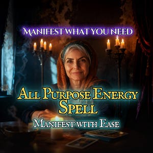 May include: An image featuring a woman with a headscarf, lit by candlelight. Text reads "Manifest What You Need," "All Purpose Energy Spell," and "Manifest With Ease." Tarot cards and a candle are on the table.