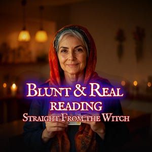 Puede incluir: Imagen de una mujer con cabello gris y un pañuelo rojo. El texto "Blunt & Real Reading Straight From The Witch" está superpuesto. La mujer sostiene una carta, con un fondo suavemente iluminado.