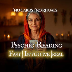 May include: A woman in a red headscarf holds a tarot card in this image. The text reads "NO CARDS | NO RITUALS" and "PSYCHIC READING FAST | INTUITIVE | REAL". The background is softly lit with warm tones.