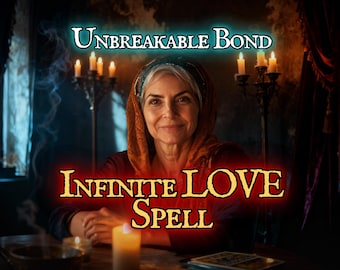 May include: An image with the text "Unbreakable Bond" and "Infinite Love Spell". A woman with a headscarf sits at a table with candles, tarot cards, and a bowl. The scene is dimly lit with a mystical atmosphere.