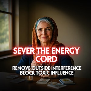 Könnte beinhalten: Eine Frau mit Kopftuch lächelt und hält ein Glas. Der Text lautet: "SEVER THE ENERGY CORD, REMOVE OUTSIDE INTERFERENCE, BLOCK TOXIC INFLUENCE." Tarotkarten und eine Kerze liegen auf dem Tisch.