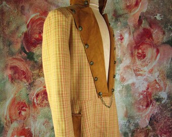 Handmade Gold Plaid Wool Frock Coat | Suede-Velvet Trim, Victorian Style