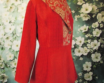 Handmade Red Chenille Velvet Coat | Victorian Style | Paisley Shawl Collar, Size 10