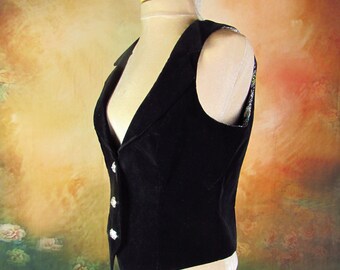 Fitted Black Velvet Collared Vest | Victorian Steampunk Style, Jeweled Buttons