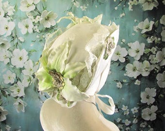 Handmade Victorian Wedding Bonnet | White Floral Lace Hat