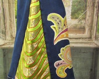 1970s Bellbottom Jeans | Green Silk Paisley Embellished Jeans | Embellished Denim | Upcycled Jeans | Hippie Jeans | Embroidered Denim