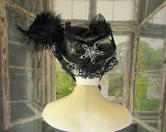 Handmade Edwardian Bonnet | Sage Green Silk, Black Lace, Feathers, Medallions