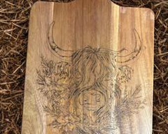 Highland Cow Engraved Wooden Board | Rustic Farmhouse Décor