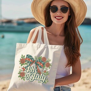 4th of July Tote Bag Coquette American Flag Patriotic Canvas Shoulder Bag Independence Day Beach Shopping Bag Red White Blue Reusable