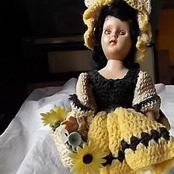 Vintage Doll in Fancy Crochet Outfit & Basket of Flowers 1950s