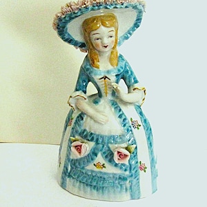 Vintage Figurine Bell Porcelain Lady Spaghetti Trim Roses Big Hat image 1
