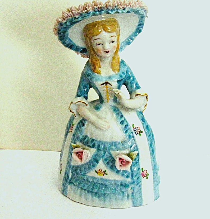 Vintage Figurine Bell Porcelain Lady Spaghetti Trim Roses Big Hat image 1