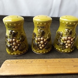 May include: Set of four ceramic spice shakers in a light green color. Each shaker is labeled with a spice name: nutmeg, paprika, and cinnamon. The shakers have a grape design and are approximately 3 inches tall.