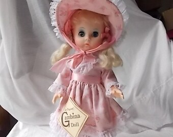 Vintage Gambina Little Bo Peep Doll Pink Bonnet Dress Hand Made New Orleans 1983 with Tag & Stand 15"