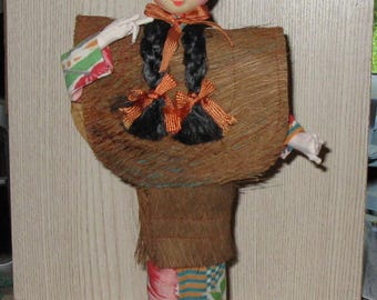 Vintage Chinese Molded Face Doll in Ethnic Traditional Costume Hand Painted Big Eye Face