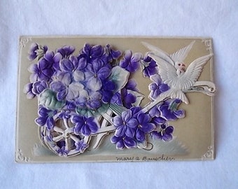 Antique 3-D  Flocked Violets & Doves Die Cut Postcard Early 1900s